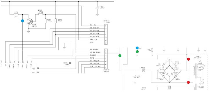 Schaltplan mit ICs, Diodenbrücke und Transistor