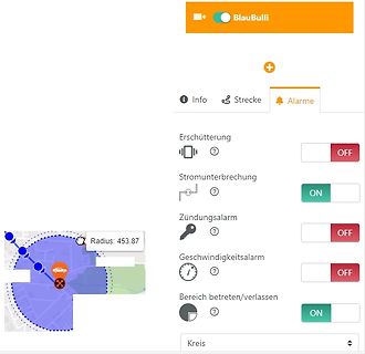 Benutzeroberfläche einer GPS-Tracking-App mit Alarmfunktionen