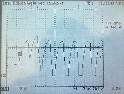 Abfotografierter Oszilloskop-Bildschirm mit Stromsignal