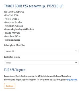 Screenshot eines Webshop-Angebots für PCB Layout Software