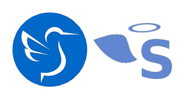 Blaues Logo mit Vogel und Buchstabe S