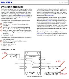 Datenblattseite mit Anwendungsinformationen und Schaltplan für HMC8205BF10