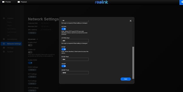 Screenshot der Reolink Netzwerk-Einstellungen
