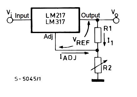 Schaltplan einer Spannungsreglerbeschaltung mit LM217/LM317