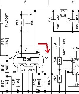 Ausschnitt eines Schaltplans mit ECC83 Röhre