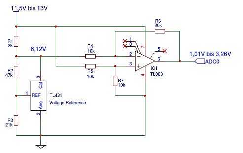 Schaltplan einer Spannungsmessung mit TL063 und TL431
