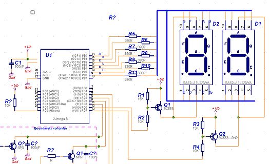 Schaltplan mit ATmega8 und 7-Segment-Anzeigen