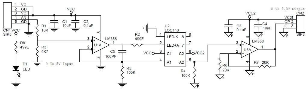 Schaltplan einer Signalwandlung mit LM358 und LED-K