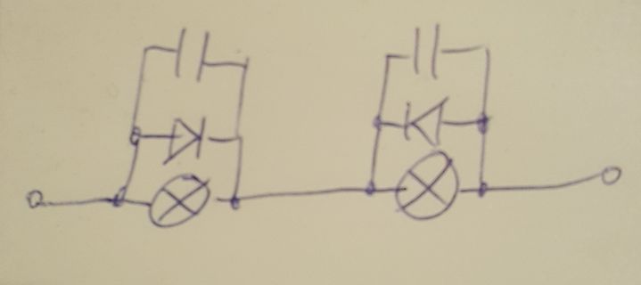 Handgezeichneter Schaltplan mit Dioden, Kondensatoren und Lampen