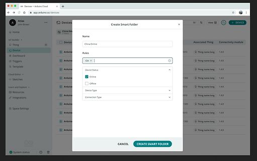 Screenshot der Arduino Cloud Benutzeroberfläche mit Dialogfenster