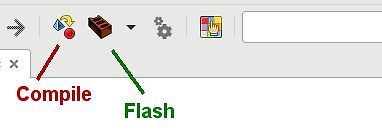 Software-Menüleiste mit Compile und Flash Schaltflächen