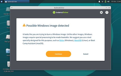 Warnmeldung in balenaEtcher bei Windows-Image