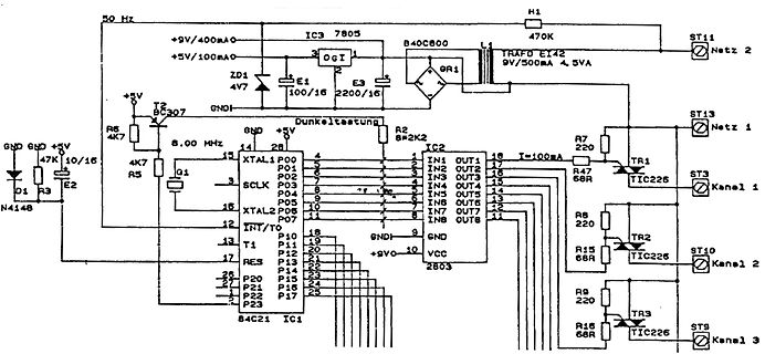 Schaltplan mit Mikrocontroller 84C21 und Netzteil