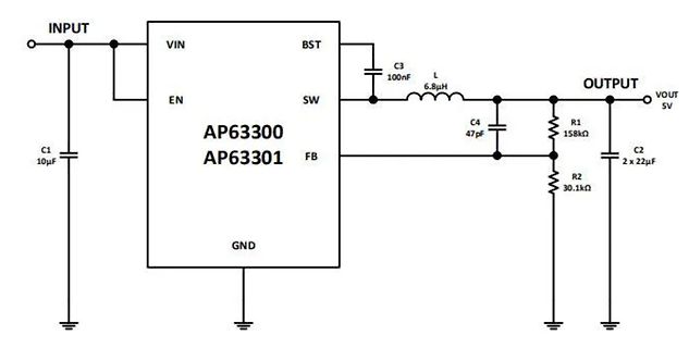 Schaltplan eines Boost-Konverters mit AP63300/AP63301