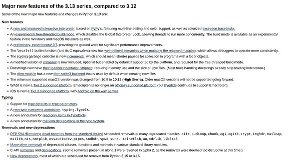Textliste der neuen Python 3.13 Features