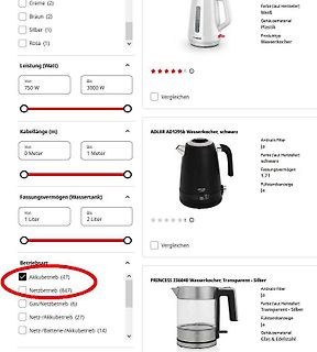 Screenshot eines Online-Shops für Wasserkocher