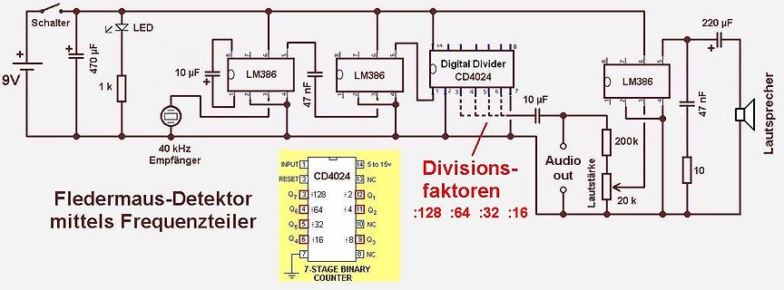 Schaltplan eines Fledermaus-Detektors mit Frequenzteiler