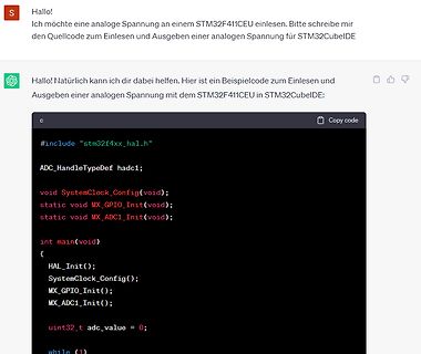 Chatverlauf mit Programmiercode für STM32F411CEU