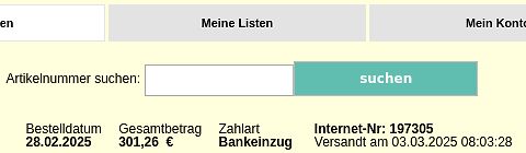 Ausschnitt einer Website mit Bestellinformationen