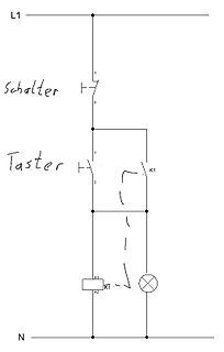 Handgezeichneter Schaltplan einer Schaltung mit Schalter, Taster und Relais