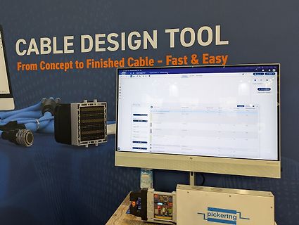 Werbeaufbau für ein Kabeldesign-Tool mit Monitor und Kabeln