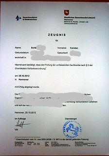 Zeugnis der Gewerbeaufsicht Niedersachsen
