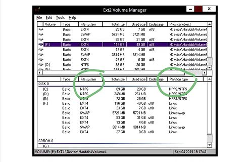 Screenshot des Ext2 Volume Managers