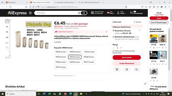 AliExpress Produktseite für Dialysebeutel