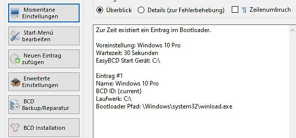 Screenshot der EasyBCD Software Einstellungen