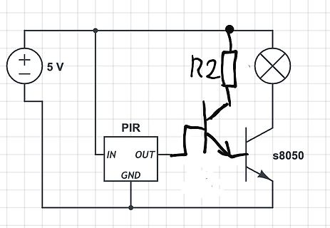 Schaltplan mit PIR-Sensor und Transistor