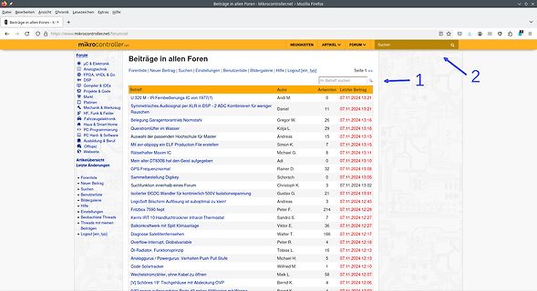 Screenshot eines Internetforums für Mikrocontroller