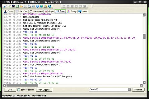 Software-Log von HUD ECU Hacker 5.3