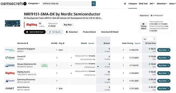 Webseite eines Elektronik-Distributors für NRF9151-SMA-DK