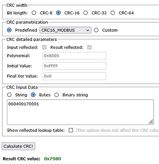 Online-CRC-Rechner für Modbus-Parameter