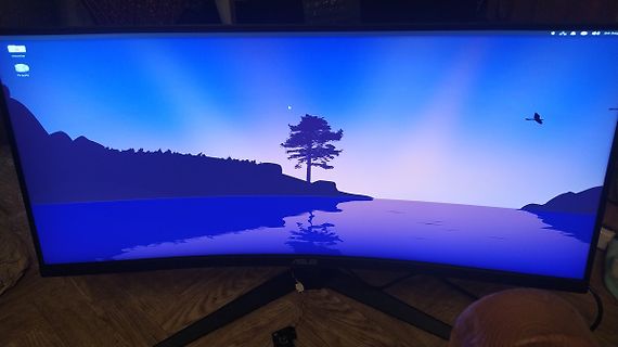 Abfotografierter gekrümmter Computermonitor mit Landschaftshintergrund