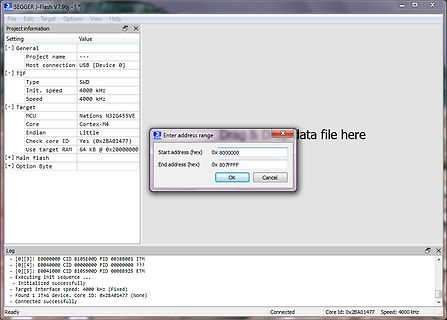 Screenshot der SEGGER J-Flash Software mit Adressbereich-Dialog