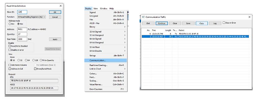 Software-Fenster für Modbus Read/Write und Kommunikationsverkehr