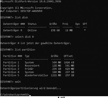 Microsoft DiskPart Ausgabe der Partitionen