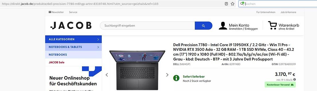 Webseite eines Online-Shops für Dell Precision Laptop