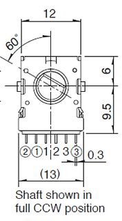 Technische Zeichnung eines Potentiometers mit Bemaßung