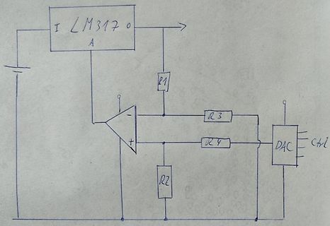 Handgezeichneter Schaltplan mit LM317 und Operationsverstärker