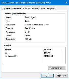 Windows Datenträgerverwaltung Samsung SSD Details