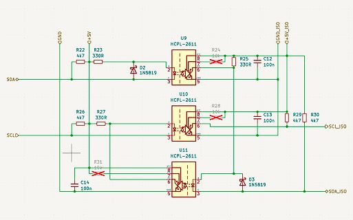 Schaltplan mit Optokopplern zur I2C-Isolierung