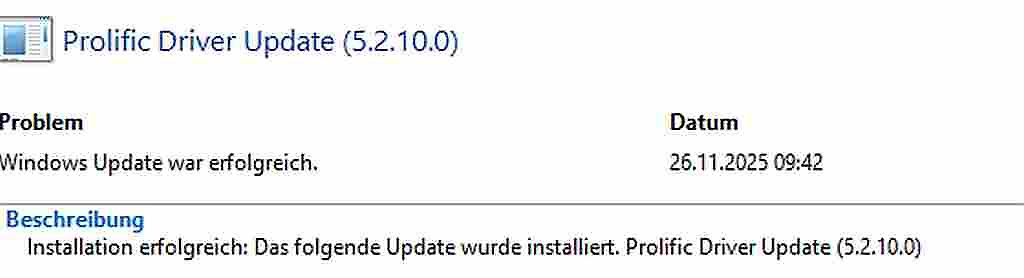 Screenshot einer Prolific Driver Update Meldung