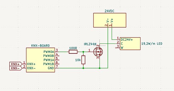 Schaltplan einer LED-Ansteuerung mit KNX-Board und MOSFET