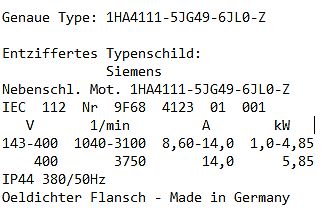 Text eines Siemens Motortypenschilds