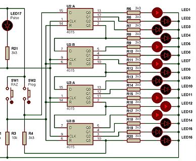 Schaltplan mit 4015 Decodern und 16 LEDs