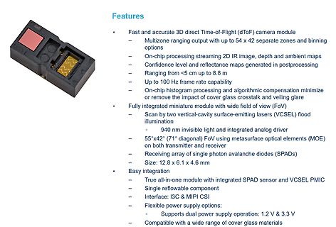 Features einer 3D dToF Kamera-Modul-Spezifikation