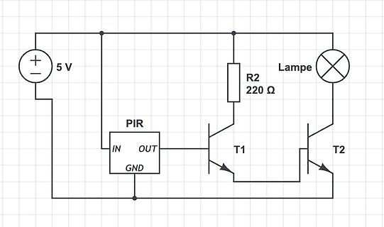 Schaltplan mit PIR-Sensor, Transistoren und Lampe