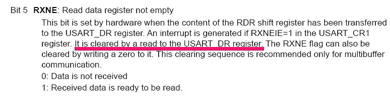Textausschnitt aus einem Datenblatt zum RXNE-Bit